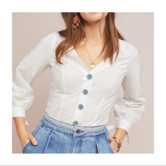 Maeve Tops - Maeve White Blouse with Blue Buttons